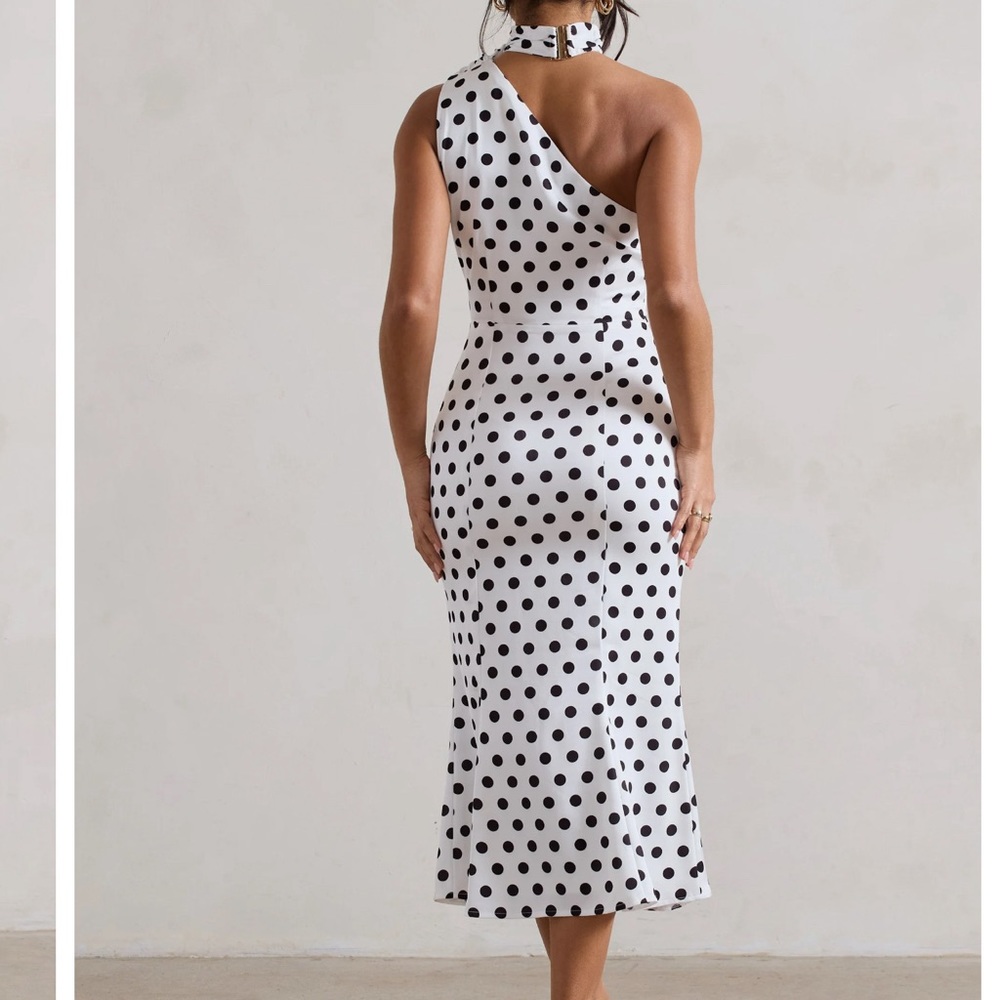 White asymmetrical polkadot hi neck flared midi dress